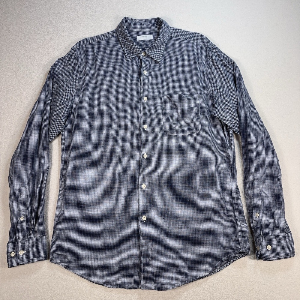 Uniqlo 100% Premium Linen Shirt Men's L Navy Blue Micro-Check‎ Pocket Button Up